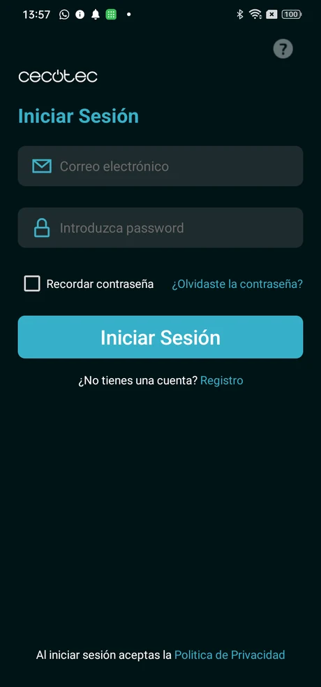 Pantalla de inicio de sesion de la aplicacion Cecotec Surface Precision