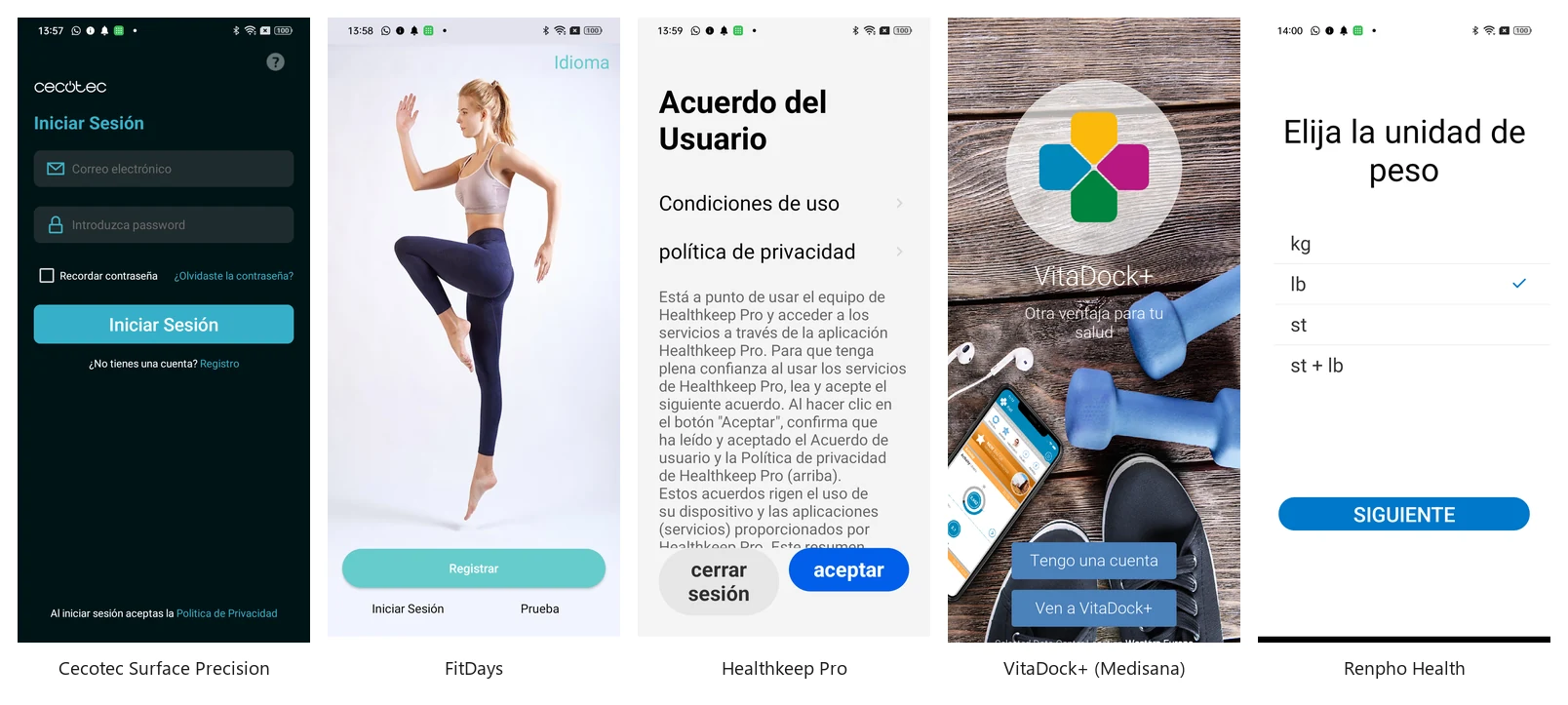 Primera pantalla de las cinco aplicaciones de bascula probadas, una al lado de otra