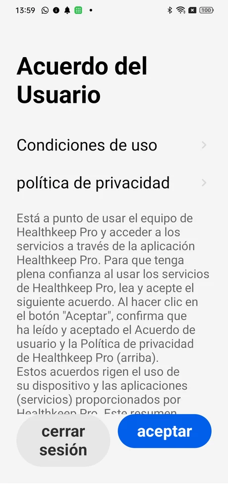 Pantalla del acuerdo de usuario de la aplicacion Healthkeep Pro