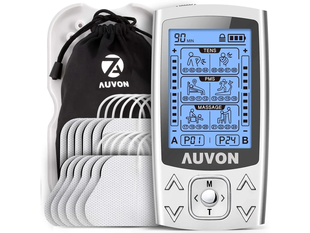 AUVON TENS y EMS con su bolsa de transporte y los electrodos