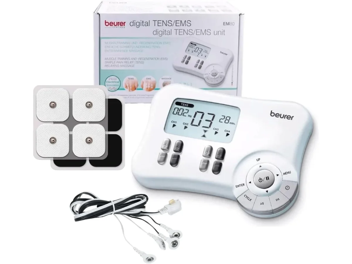 Beurer EM80 con su caja, electrodos de gel y cables de conexion