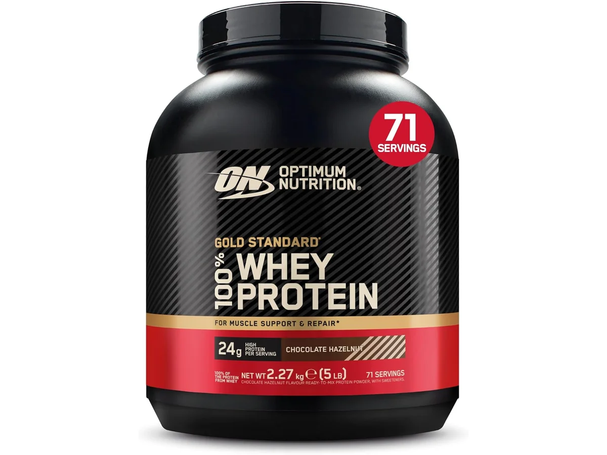 Bote de Optimum Nutrition Gold Standard 100% Whey en chocolate con avellana
