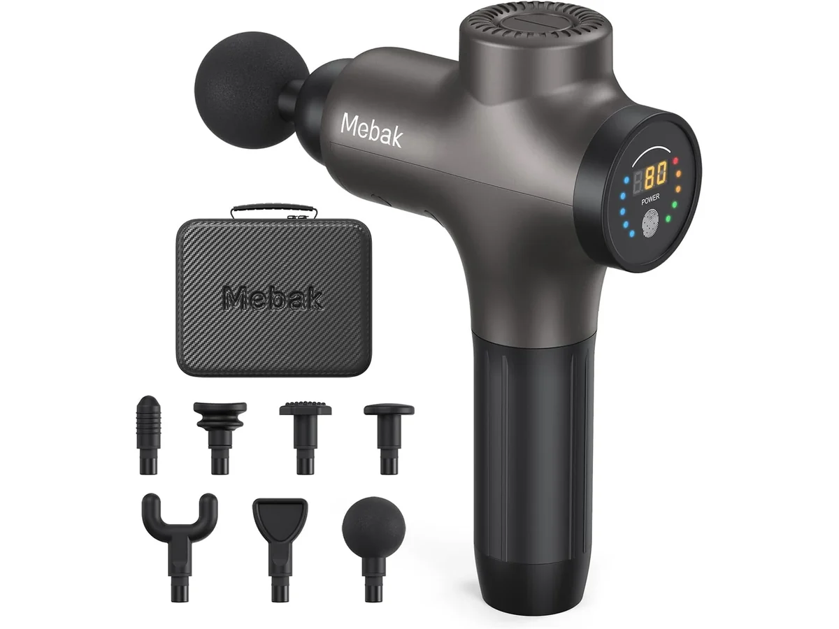 Mebak 3, pistola de masaje con su maletin y los cabezales