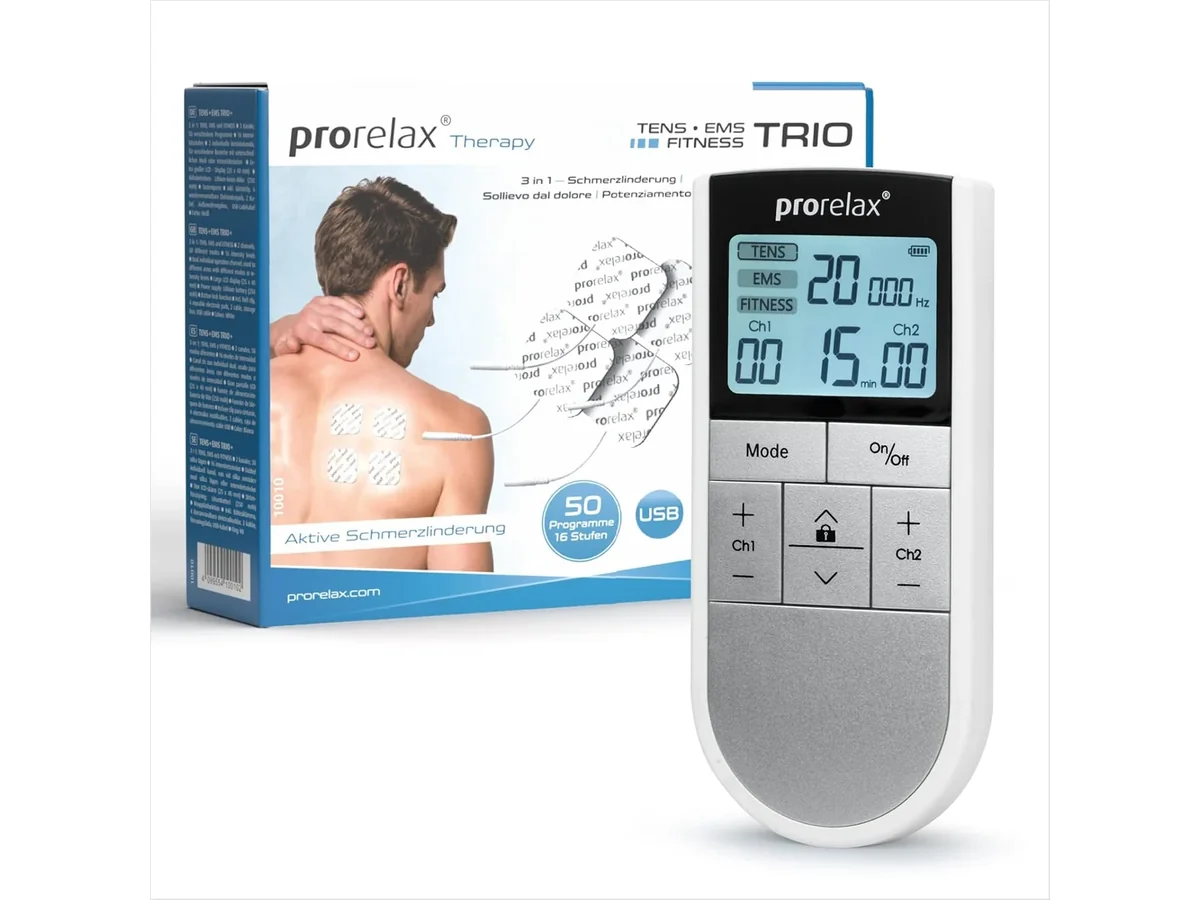 Prorelax TENS EMS Trio con su caja y el modulo de control