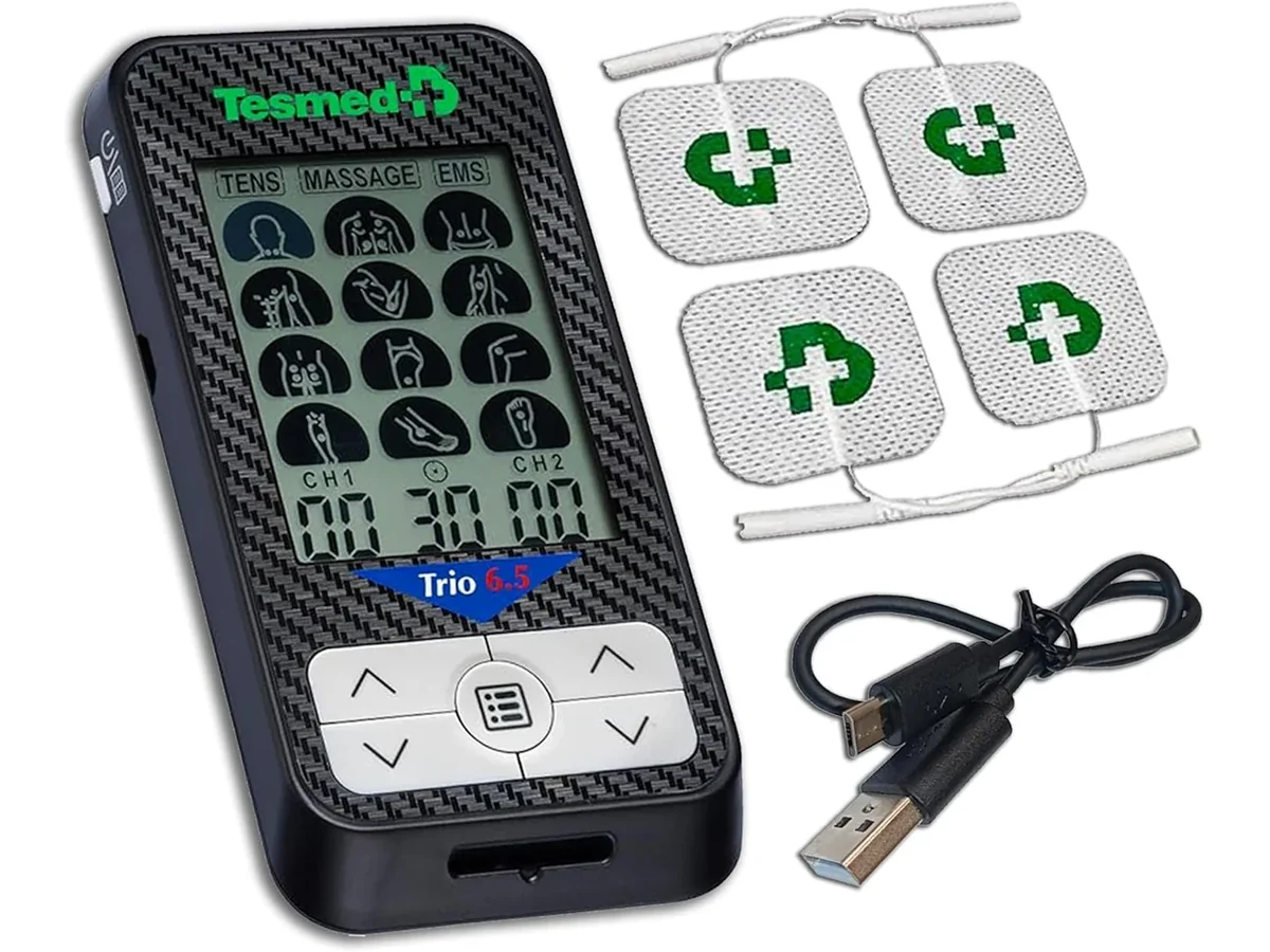 Tesmed Trio 6.5, electroestimulador recargable con electrodos y cable USB