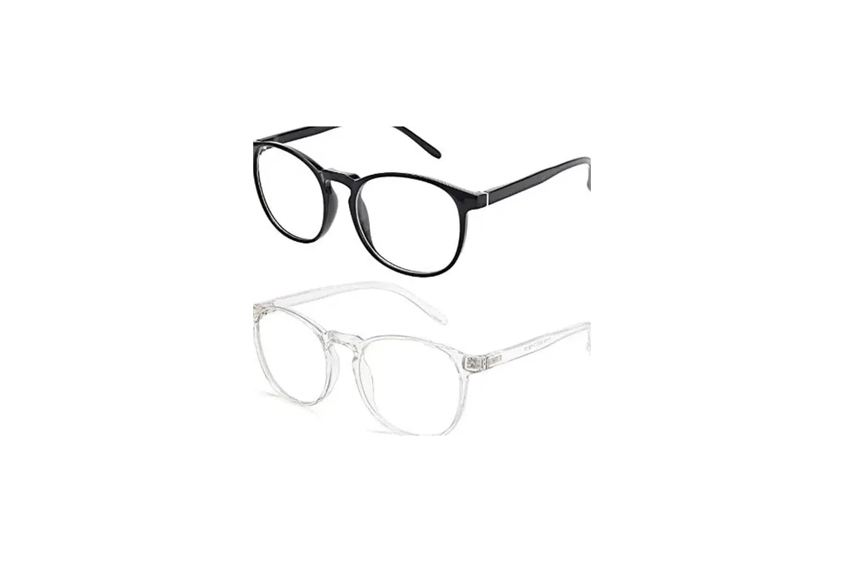 Las dos gafas del pack de luz azul de Amazon Brand, una negra y otra transparente