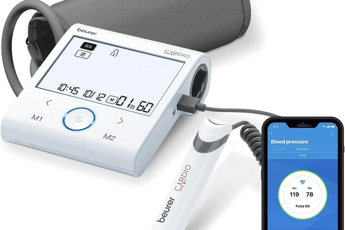 el beurer bm96 con su manguito y el electrodo del ecg