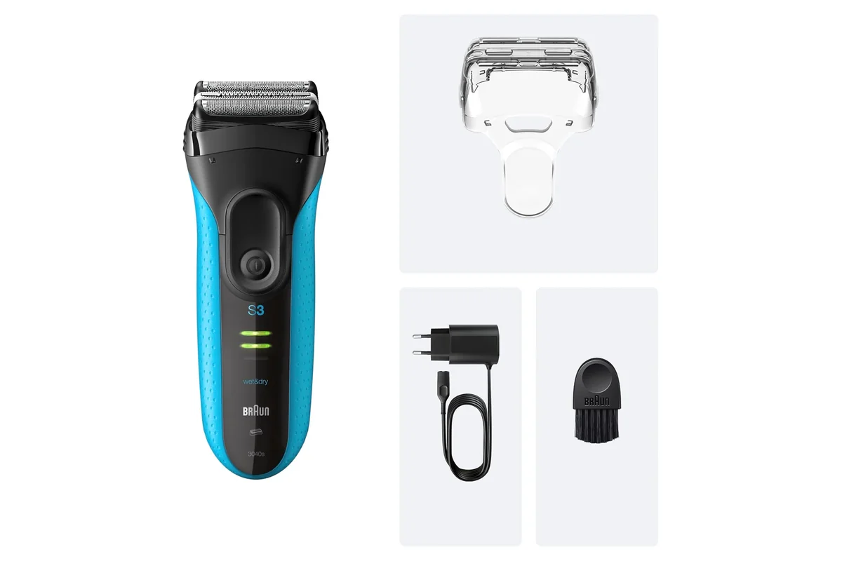 Braun Series 3 ProSkin 3040s con su tapa protectora, el cargador y el cepillo de limpieza