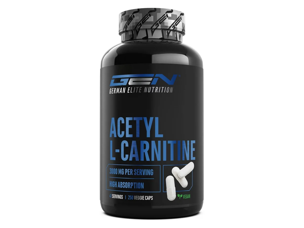 El bote negro de GEN Acetyl L-Carnitine con cápsulas delante