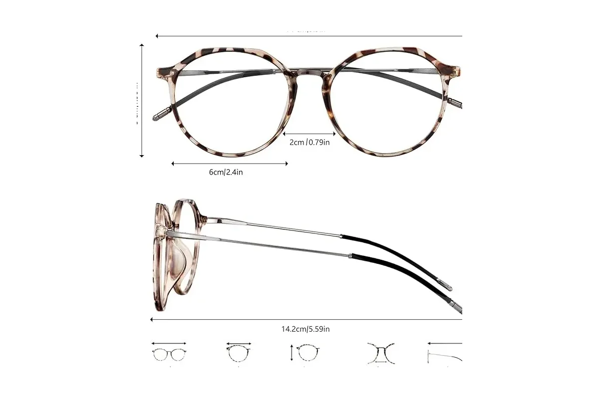 Esquema con las medidas de las gafas HB Select: catorce centimetros de ancho y patillas de 14,2
