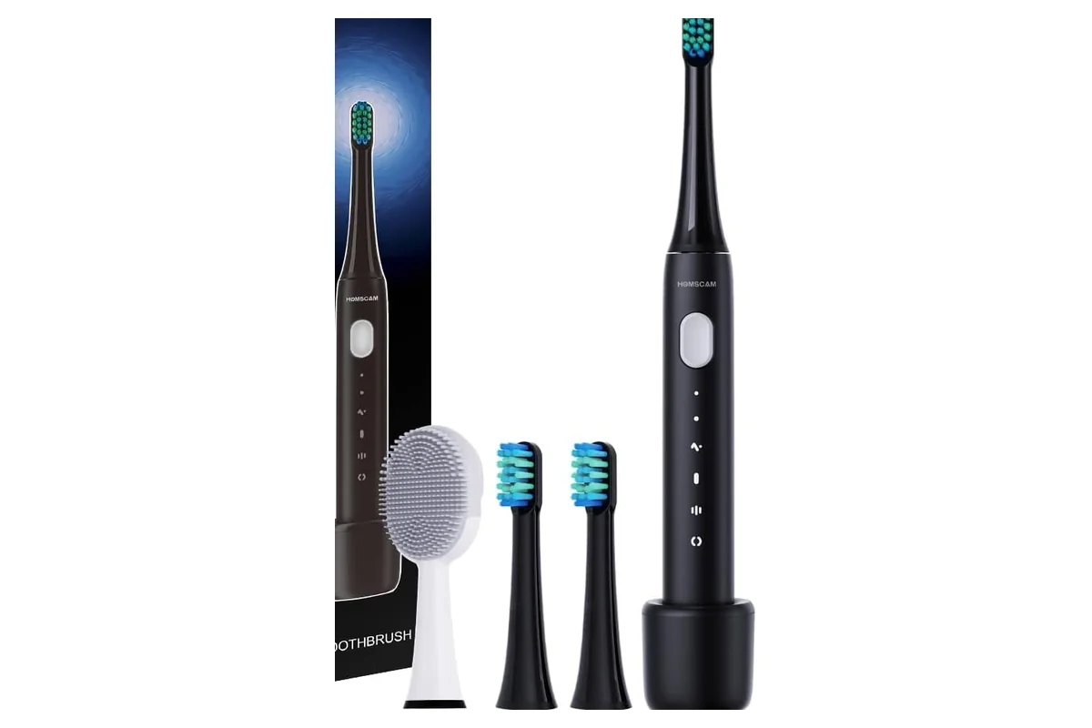 el cepillo homscan con sus cabezales, la base de carga y el cabezal de limpieza facial