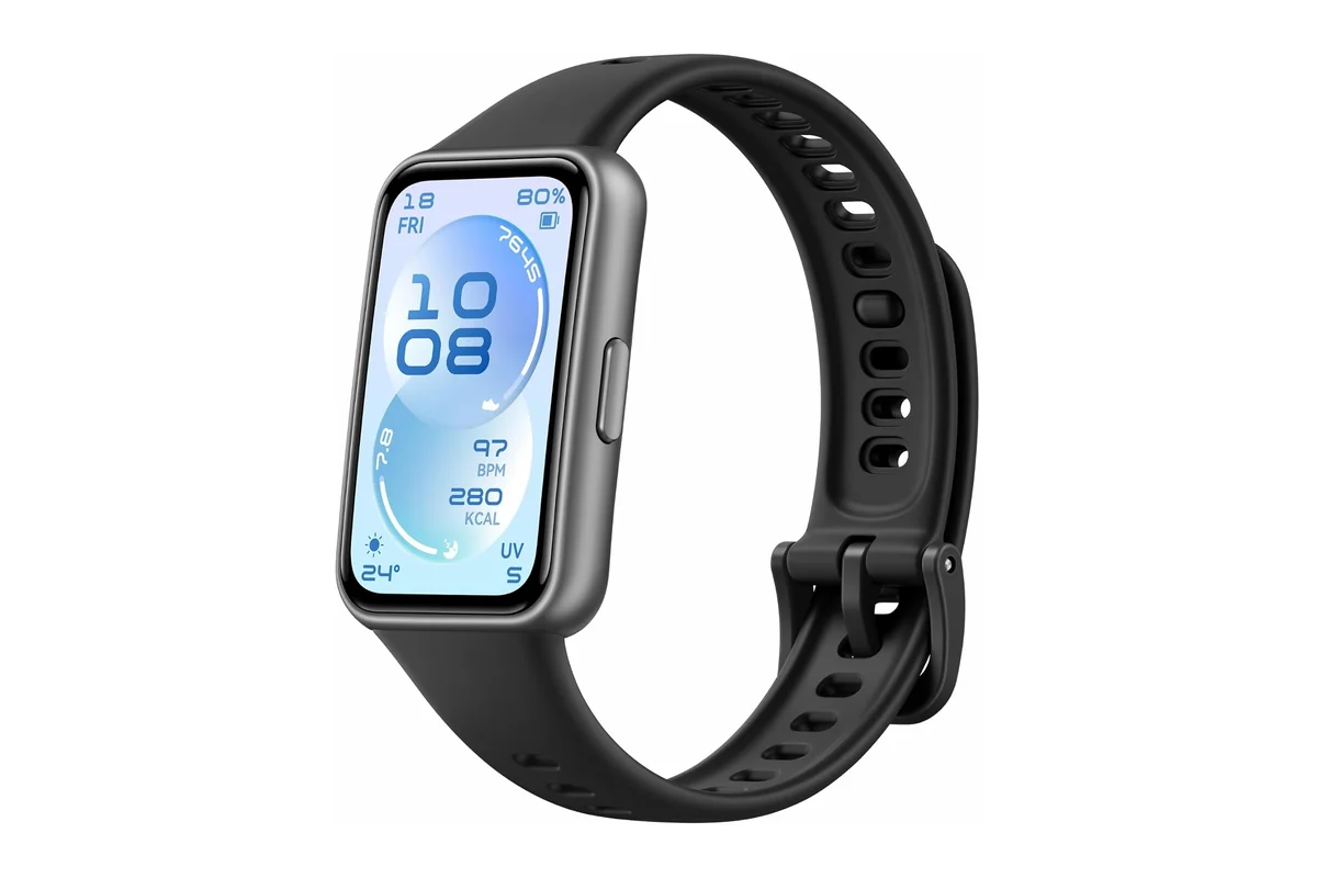 Huawei Band 11 en negro con la pantalla mostrando pulsaciones y calorías
