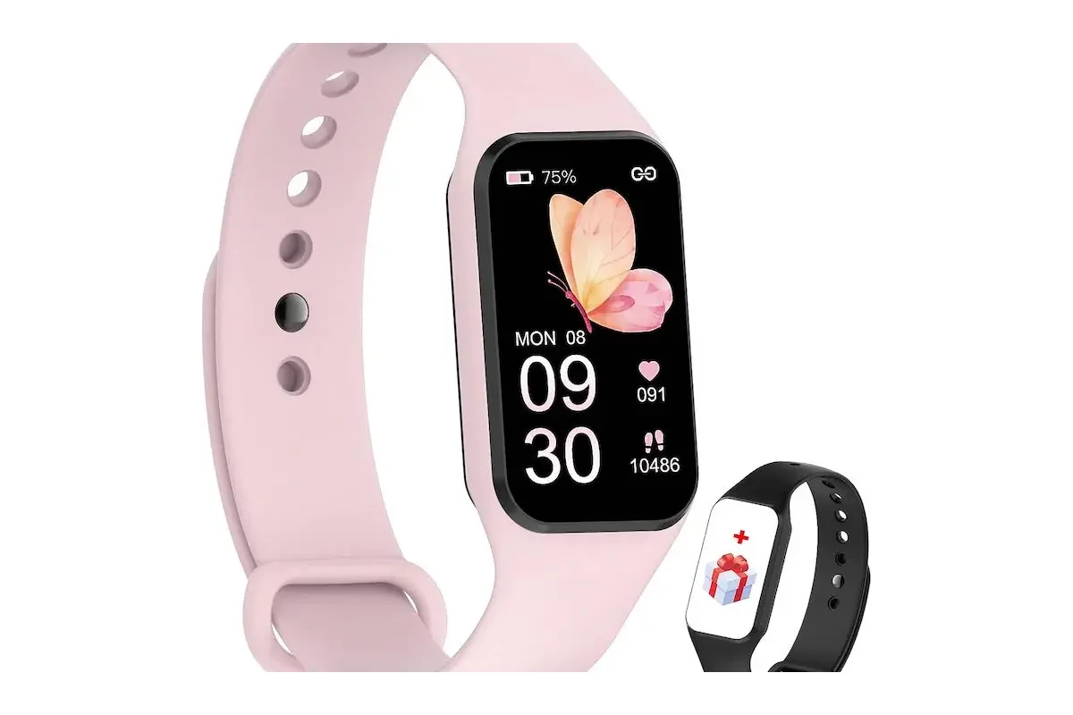 Pulsera IOWODO con correa rosa y la pantalla a color encendida