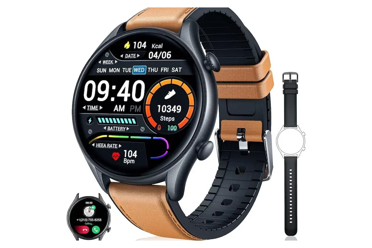 Reloj MOTSFIT redondo con correa de goma y cuero y la esfera encendida