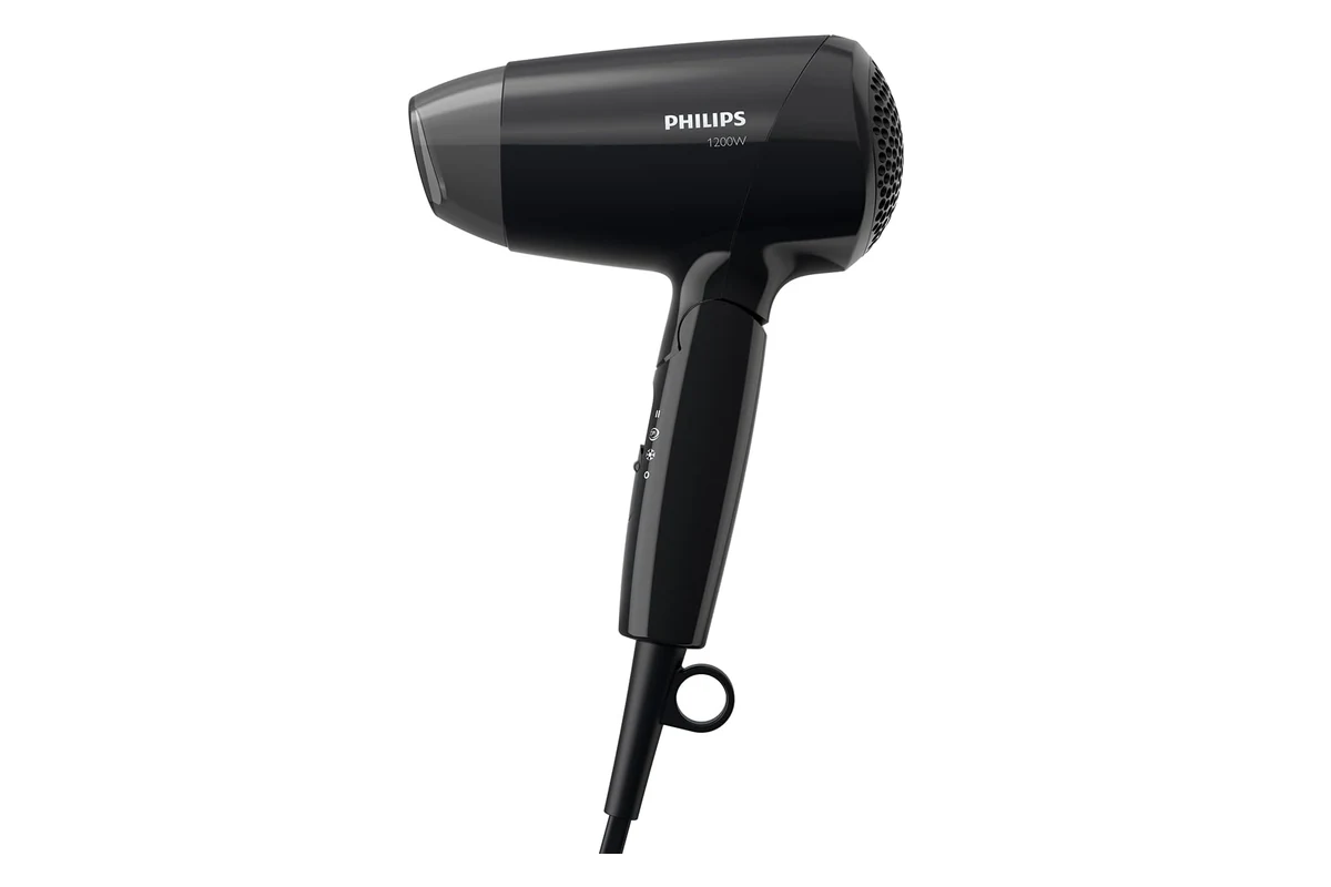 Philips Hair Dryer 1000 plegado, con su anilla y los mandos