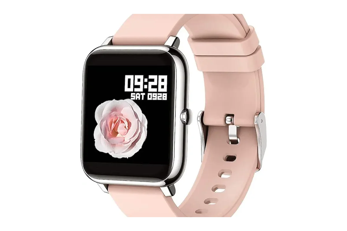 Reloj POPGLORY con correa rosa y la pantalla cuadrada encendida
