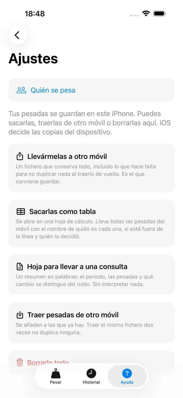 Esbellsa Mi Báscula: pantalla Ajustes